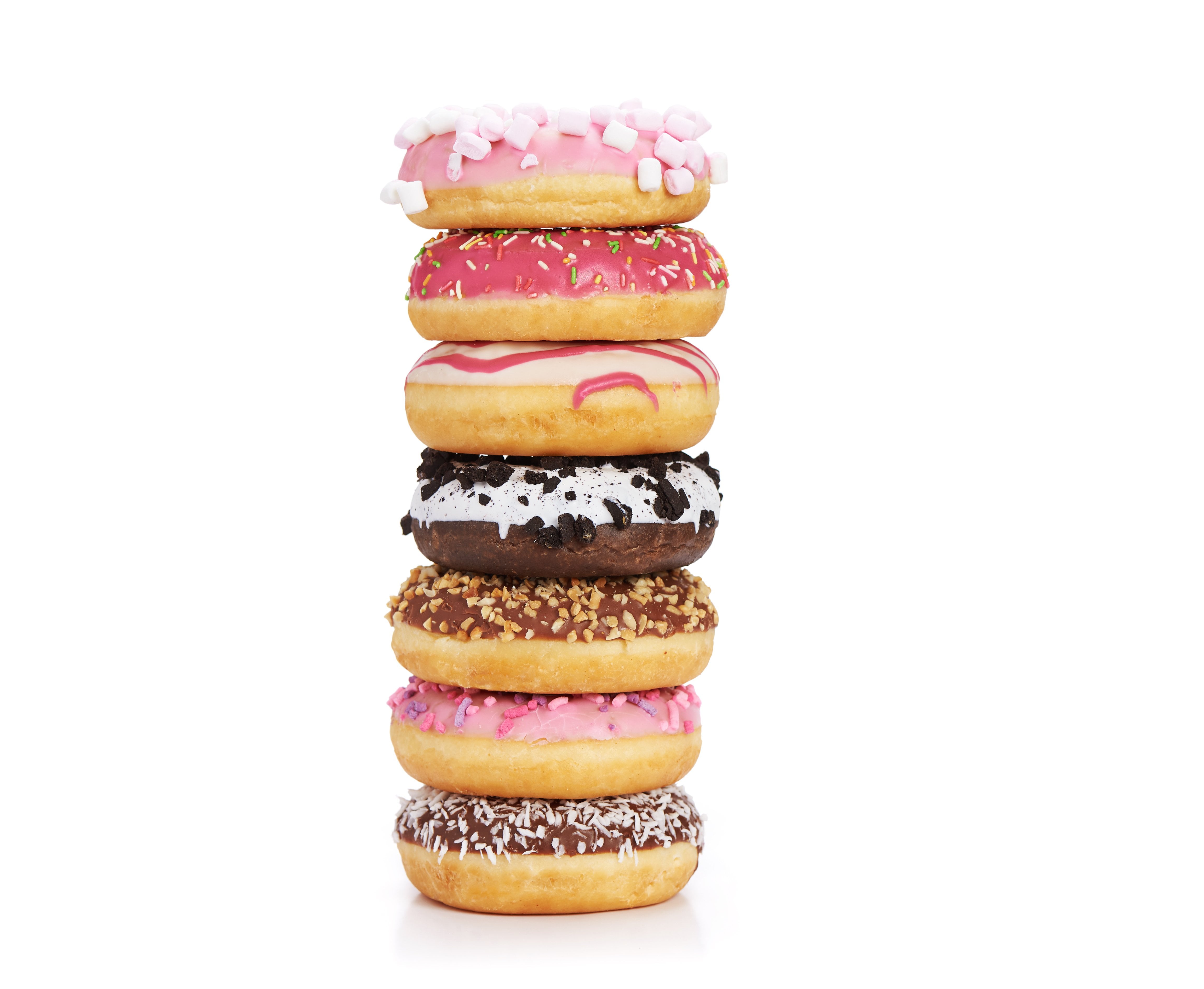 A stack of pink iced donuts