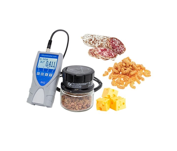 Image of a water activity meter and probe and examples of testable foods